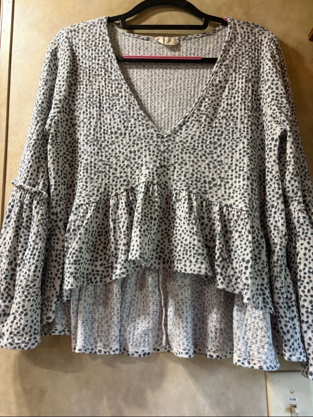 Altar'd State Cream and Gray V-Neck Ruffle Peplum Top